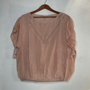 Lovestitch Pink Lace Accent Sheer Short Cinch Sleeve Peasant Top Large